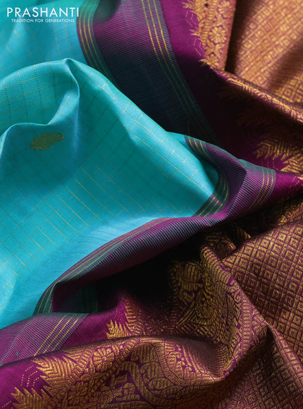 Teal Blue & Purple Pure Kanchipuram Silk Saree
