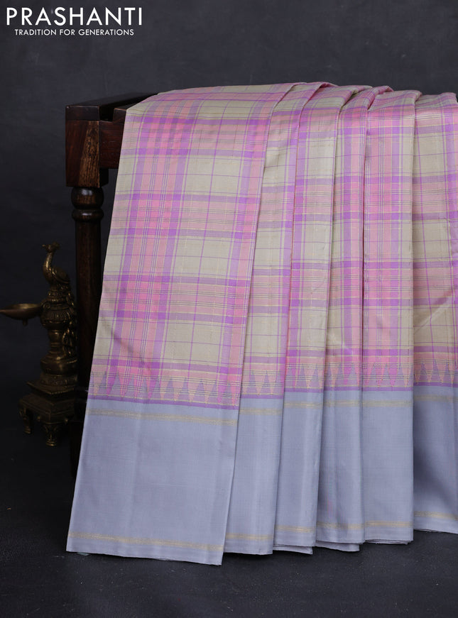 Pink Cream & Grey Pure Kanchipuram Silk Saree