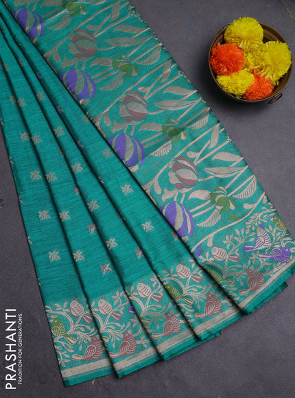 Teal Green Semi Tussar Saree - Butta