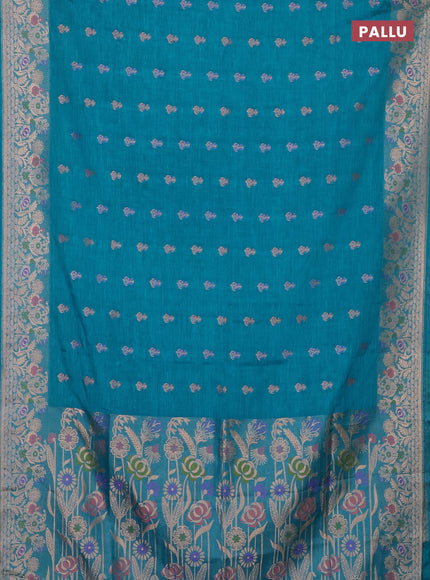 Teal Blue Semi Tussar Saree - Butta