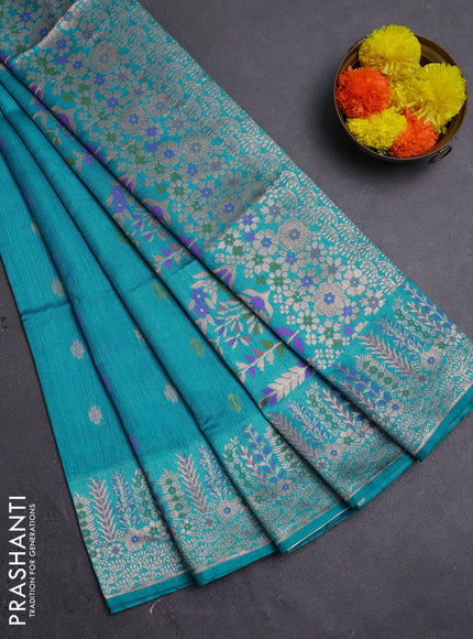 Teal Blue Semi Tussar Saree - Butta