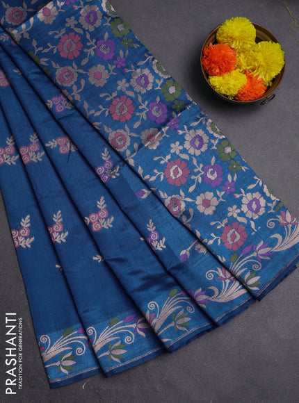 Blue Semi Tussar Saree - Butta