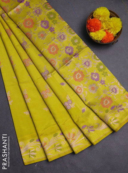 Lime Yellow Semi Tussar Saree - Butta