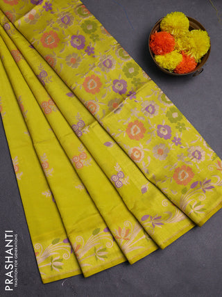 Lime Yellow Semi Tussar Saree - Butta