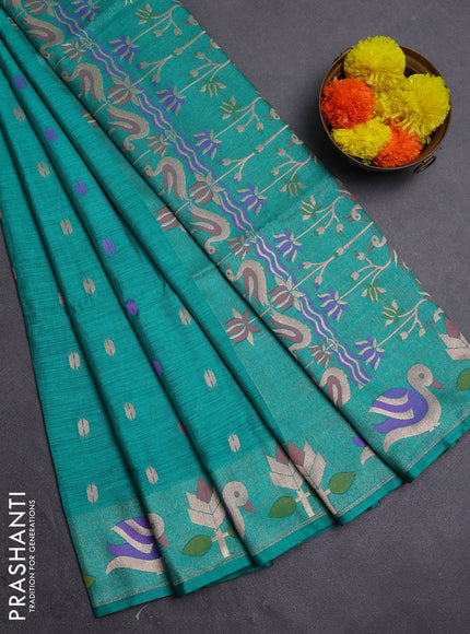 Teal Green Semi Tussar Saree - Butta