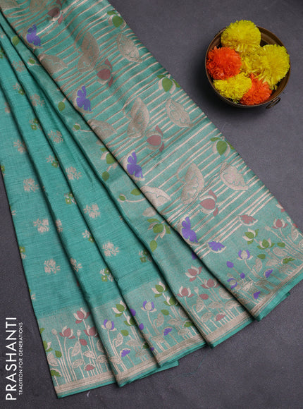 Teal Green Semi Tussar Saree - Butta