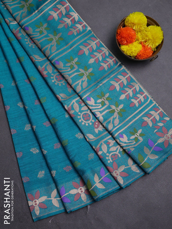 Teal Blue Semi Tussar Saree - Butta