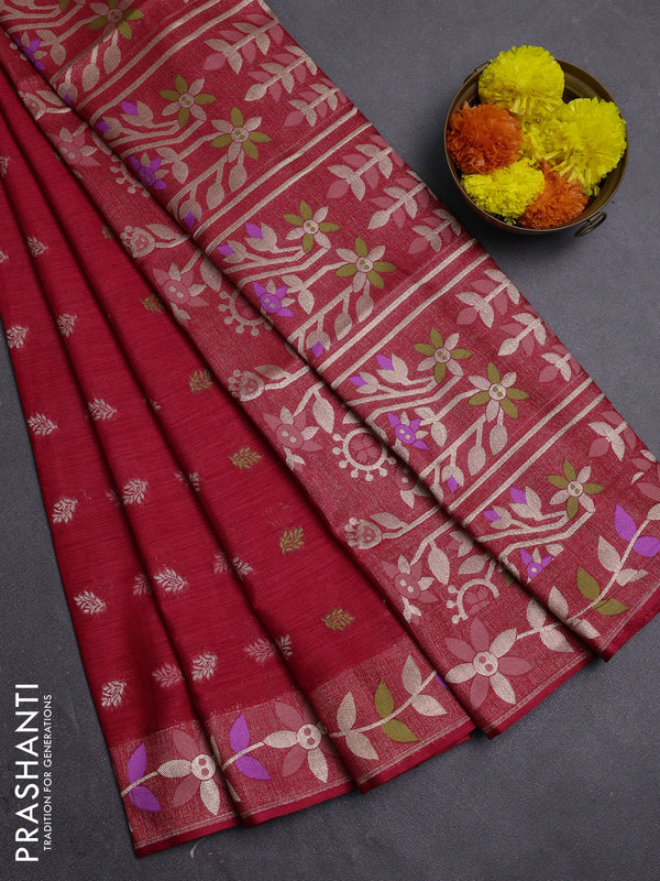 Red Semi Tussar Saree - Butta