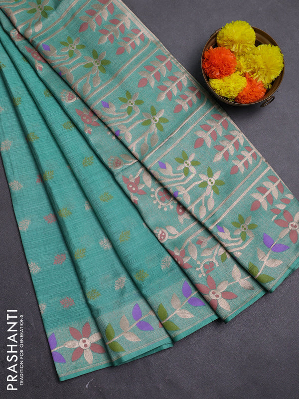 Teal Green Semi Tussar Saree - Butta