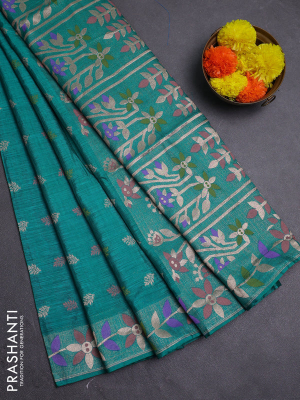 Teal Green Semi Tussar Saree - Butta
