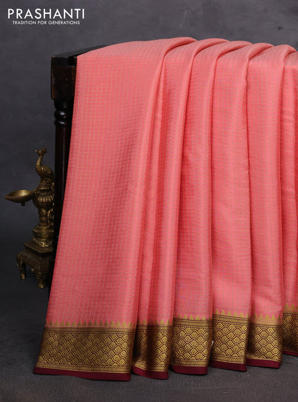 Peach & Maroon Pure Mysore Silk - Checks