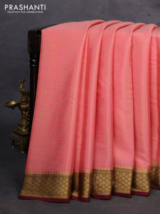 Peach & Maroon Pure Mysore Silk - Checks