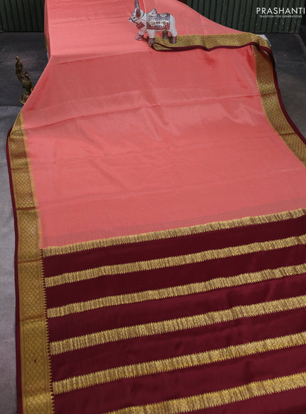 Peach & Maroon Pure Mysore Silk - Checks