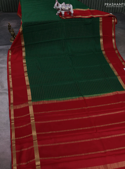 Green & Red Pure Mysore Silk - Checks