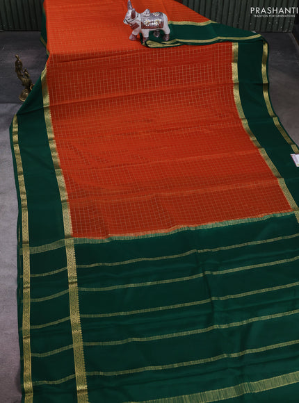 Orange & Green Pure Mysore Silk - Checks