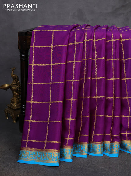 Purple & Cs Blue Pure Mysore Silk - Checks
