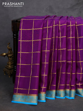 Purple & Cs Blue Pure Mysore Silk - Checks