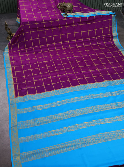 Purple & Cs Blue Pure Mysore Silk - Checks