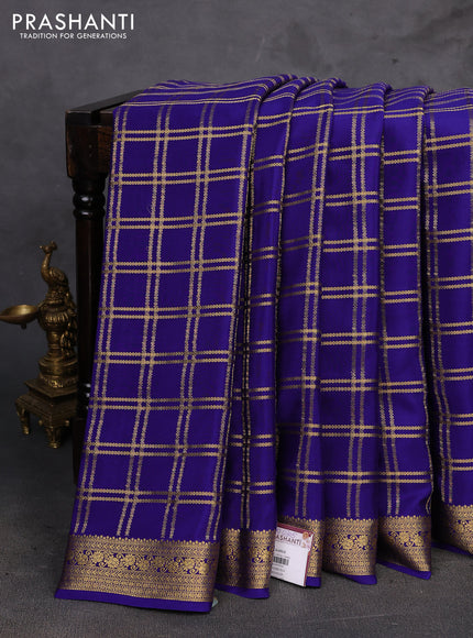 Navy Blue Pure Mysore Silk - Checks