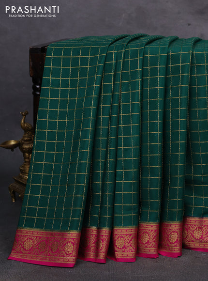 Green & Pink Pure Mysore Silk - Checks