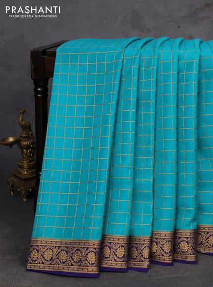 Teal Green & Navy Blue Pure Mysore Silk - Checks