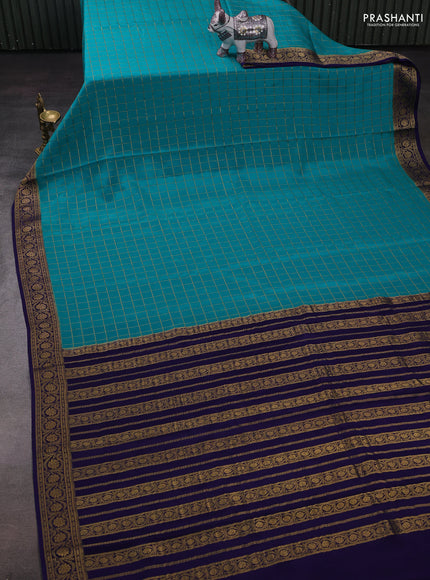 Teal Green & Navy Blue Pure Mysore Silk - Checks
