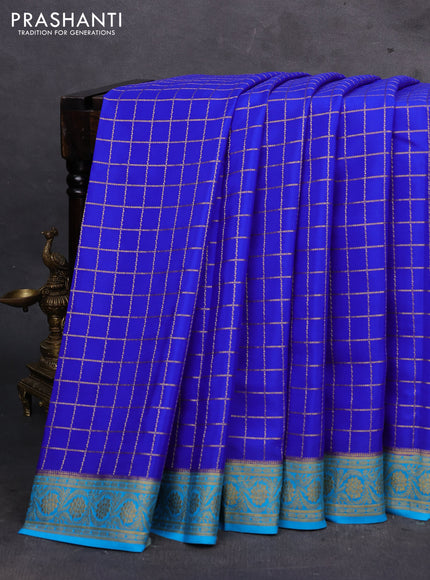 Royal Blue & Blue Pure Mysore Silk - Checks