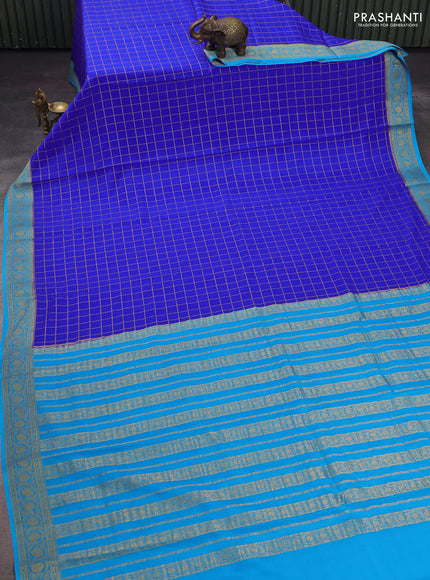 Royal Blue & Blue Pure Mysore Silk - Checks