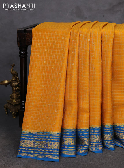 Mustard Yellow & Peacock Blue Pure Mysore Silk - Checks