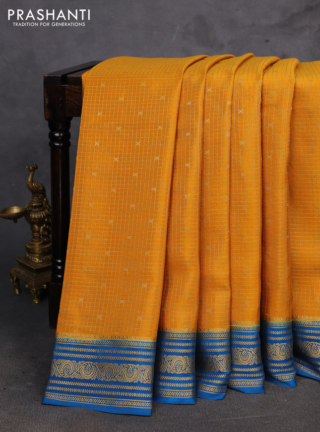 Mustard Yellow & Peacock Blue Pure Mysore Silk - Checks