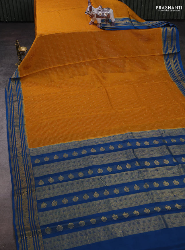 Mustard Yellow & Peacock Blue Pure Mysore Silk - Checks