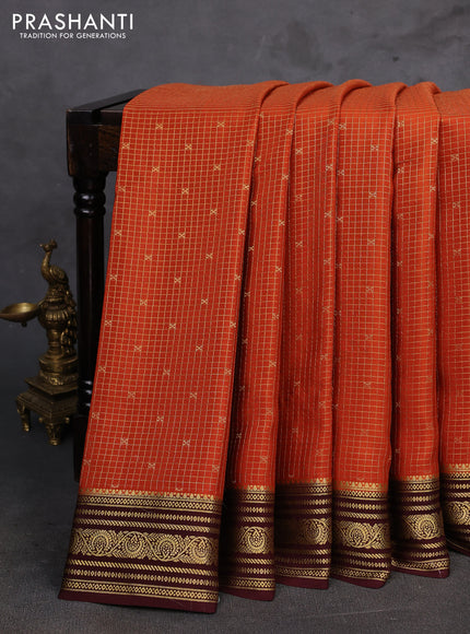 Orange & Coffee Brown Pure Mysore Silk - Checks