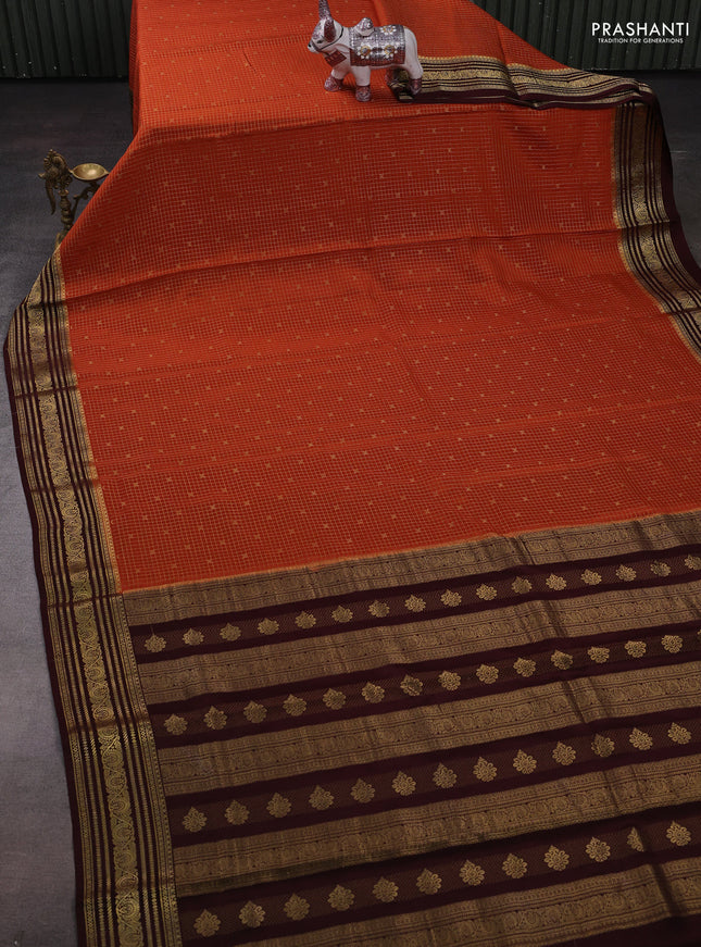 Orange & Coffee Brown Pure Mysore Silk - Checks