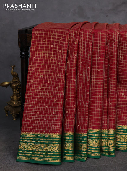 Maroon & Green Pure Mysore Silk - Checks