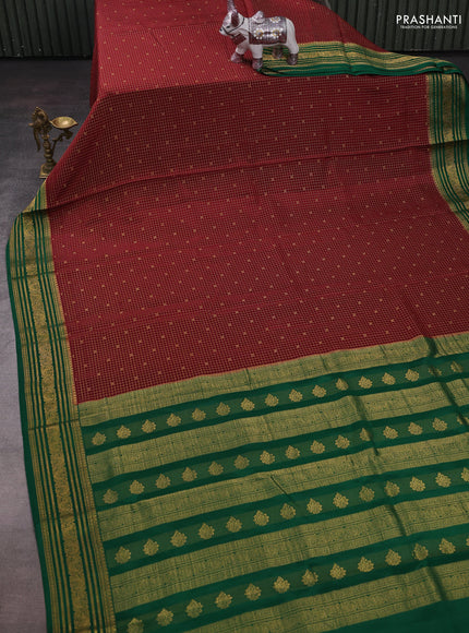 Maroon & Green Pure Mysore Silk - Checks
