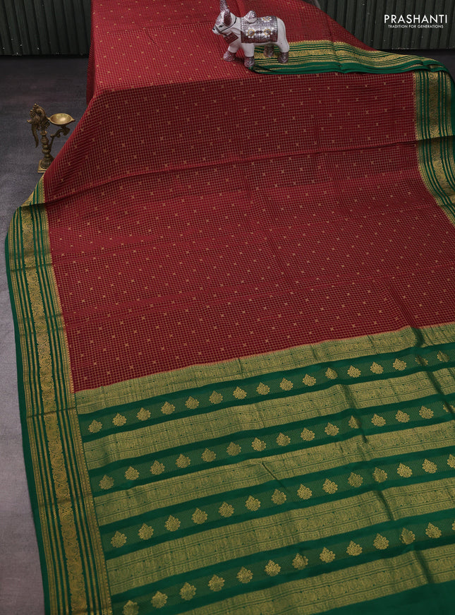 Maroon & Green Pure Mysore Silk - Checks