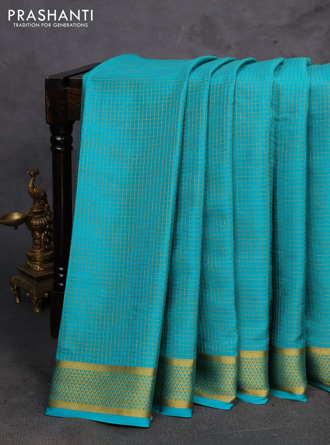 Teal Blue Pure Mysore Silk - Checks