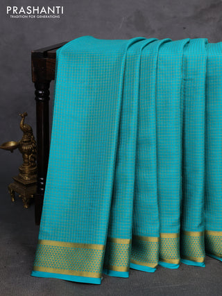 Teal Blue Pure Mysore Silk - Checks