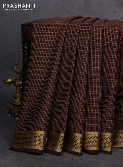 Coffee Brown Pure Mysore Silk - Checks