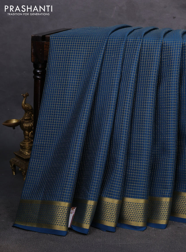 Peacock Blue Pure Mysore Silk - Checks