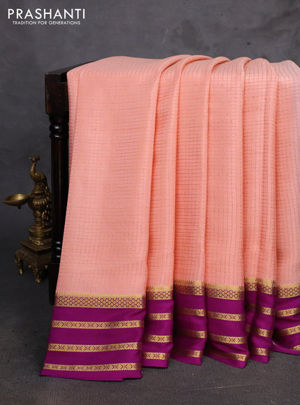 Peach & Purple Pure Mysore Silk - Checks