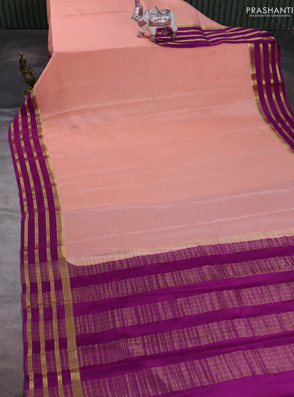Peach & Purple Pure Mysore Silk - Checks