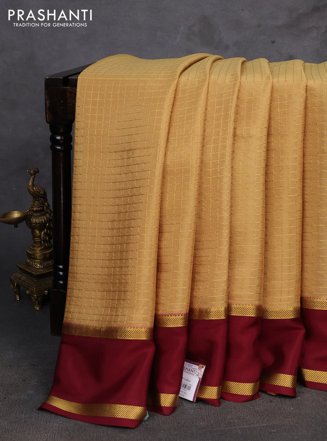 Sanda & Maroon Pure Mysore Silk - Checks