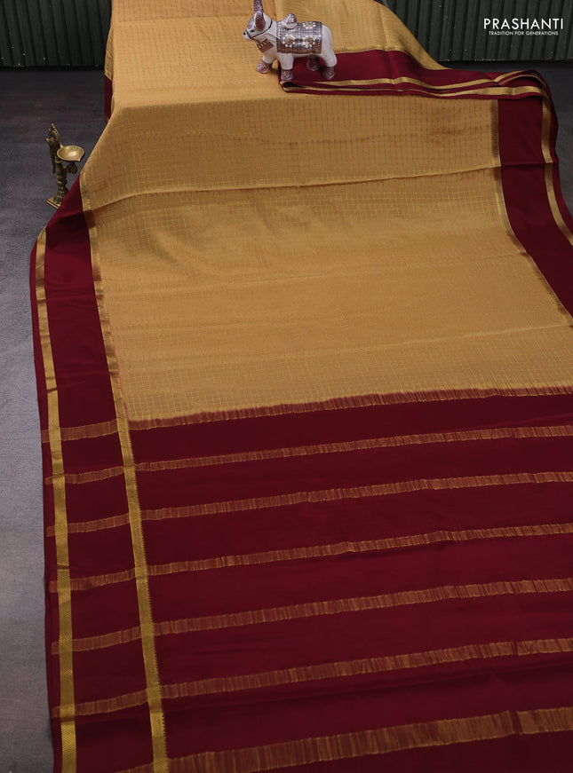 Sanda & Maroon Pure Mysore Silk - Checks