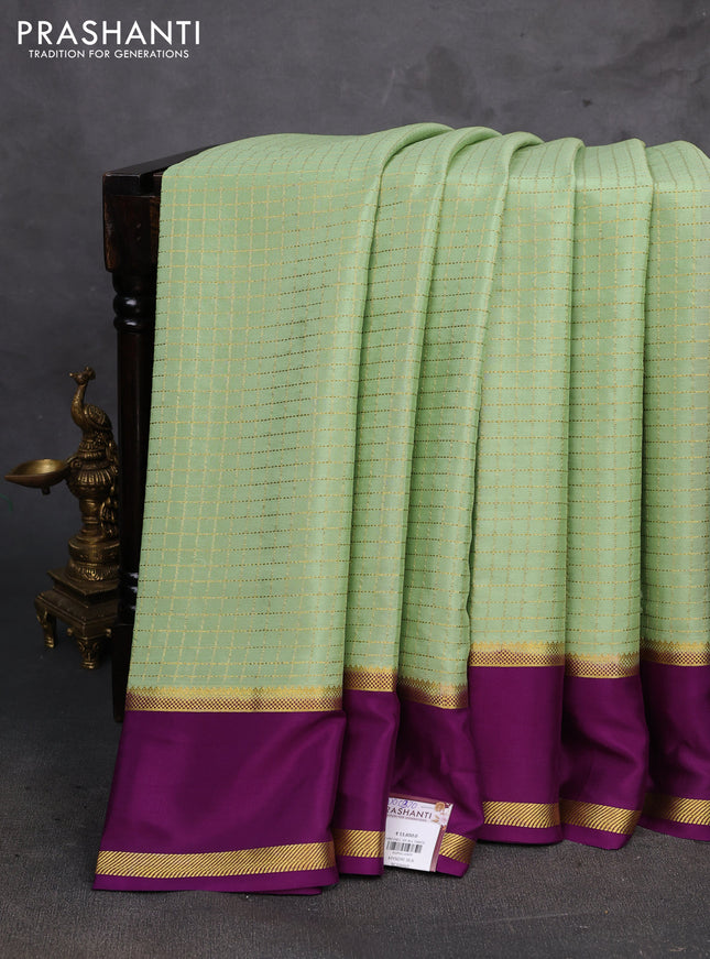 Pista Green & Purple Pure Mysore Silk - Checks