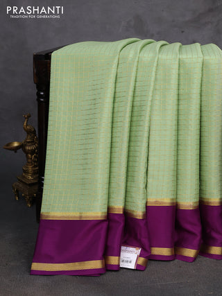 Pista Green & Purple Pure Mysore Silk - Checks