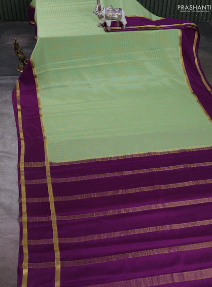 Pista Green & Purple Pure Mysore Silk - Checks