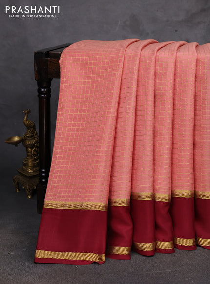 Peach & Maroon Pure Mysore Silk - Checks