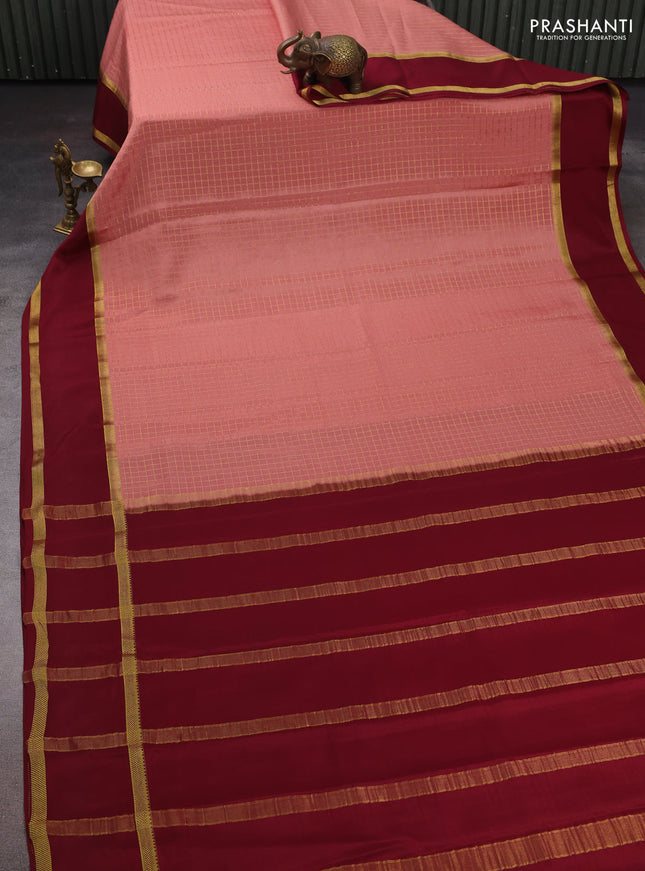 Peach & Maroon Pure Mysore Silk - Checks