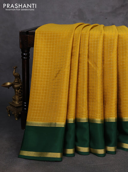 Mustard Yellow & Green Pure Mysore Silk - Checks